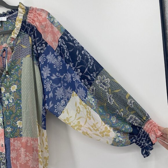 Bunulu Women's XL Mixed Print Boho Peasant Smocked Beaded Tie Front Blouse Sheer - Picture 6 of 13